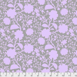 May include: A seamless pattern featuring a repeating design of light purple flowers and leaves on a grey background.