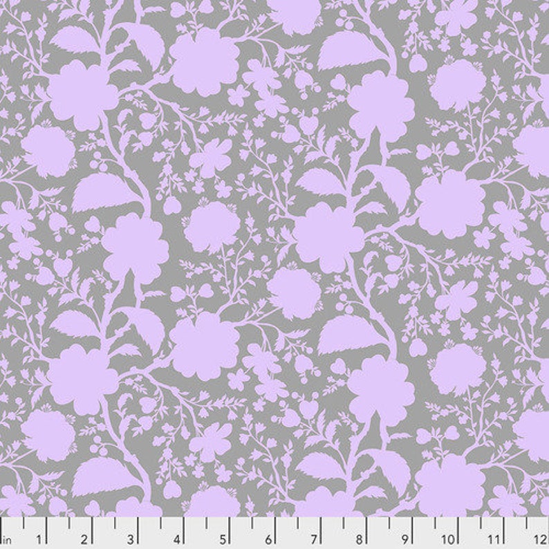 May include: A seamless pattern featuring a repeating design of light purple flowers and leaves on a grey background.