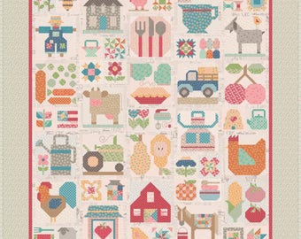 May include: A patchwork quilt with farmyard motifs. The design incorporates blocks depicting a house, pig, cow, tractor, and rooster. The quilt's colour scheme features red, blue, green, and beige, offering a quaint and rustic appearance.