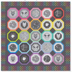 May include: A quilt with a gray background and a pattern of colorful octagons. Each octagon features a different black and white design, including wolves, feathers, and geometric patterns. The quilt is surrounded by a border of small purple dots.
