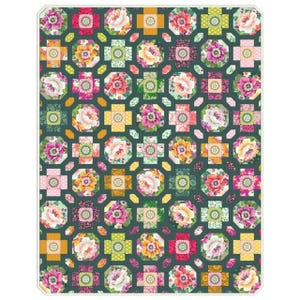 May include: A floral quilt with a repeating pattern of colorful flowers and geometric shapes. The quilt features a dark teal background with squares and octagons in shades of pink, yellow, green, and white. The flowers are detailed with various colors.