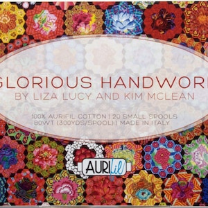 May include: A colorful fabric collection called "Glorious Handwork" by Liza Lucy and Kim McLean. The fabric is 100% Aurifil cotton, 80wt (300 yds/spool), and made in Italy. The collection features a variety of floral patterns in bright colors.