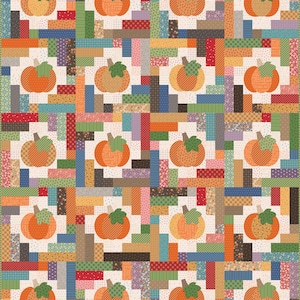 May include: A patchwork quilt with a white background and a repeating pattern of orange pumpkins with green stems. The quilt is made up of various colourful fabric squares.