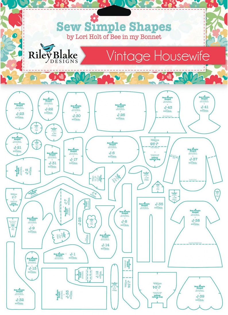 May include: Sew Simple Shapes Vintage Housewife pattern sheet by Riley Blake Designs. The sheet includes 19 different shapes for sewing projects, including a dress, a shirt, a mitten, and a flower.