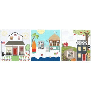 May include: A patchwork quilt featuring three panels with illustrated scenes. One panel depicts a house with an American flag, another shows a beach scene with a lifeguard stand, and the third features a house with a tree and sunflowers.