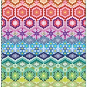 May include: A colourful quilt featuring a geometric pattern of hexagons in shades of yellow, green, blue, purple, pink and red. The quilt is made up of rows of hexagons, each row with a different pattern.