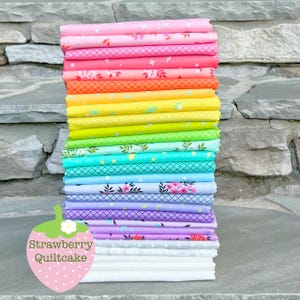 Puede incluir: Una pila de 20 cuadrados de tela coloridos con varios patrones, incluyendo estrellas, hojas y diseños geométricos. Los cuadrados de tela están dispuestos en un degradado de color arcoíris de rosa a blanco. El texto "Strawberry Quiltcake" es visible en un gráfico de fresa rosa.