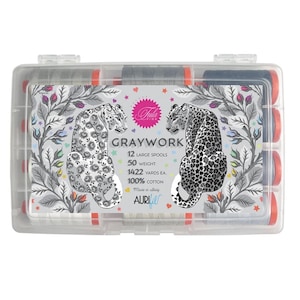 Puede incluir: Una caja de almacenamiento de plástico transparente que contiene carretes de hilo. La caja presenta una etiqueta decorativa con dos ilustraciones de leopardo y el texto "GRAYWORK". La etiqueta también indica 12 carretes grandes, 50 peso, 1300 metros cada uno y 100% algodón.