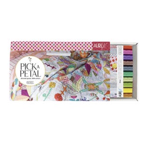 May include: A box set of Aurifil thread spools with a colorful quilt design. The box features the text "PICK A PETAL" and "20 small spools. 100% cotton." The spools are in various colors, and the quilt has a patchwork design.