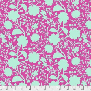 May include: A seamless fabric pattern featuring a repeating design of light blue floral silhouettes on a bright pink background.