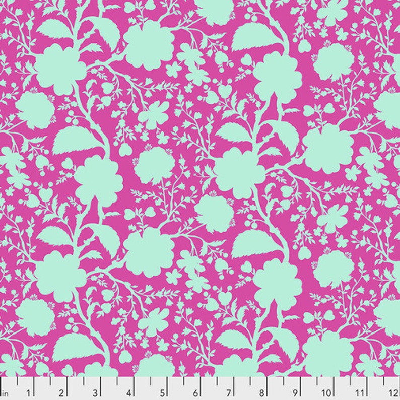 May include: A seamless fabric pattern featuring a repeating design of light blue floral silhouettes on a bright pink background.