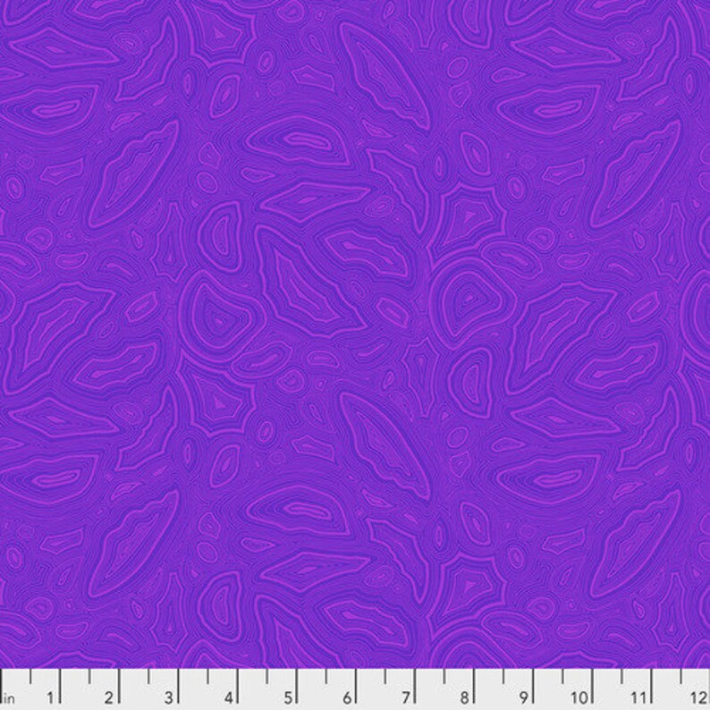 May include: Purple fabric with a repeating pattern of swirling, layered lines that resemble a rock formation.