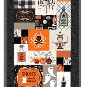 May include: A Halloween fabric panel featuring a patchwork design in orange, black, grey, and white. It includes bats, ghosts, pumpkins, and phrases such as "Keep Calm and Carry a Wand" and "Ghosts have the real spirit."