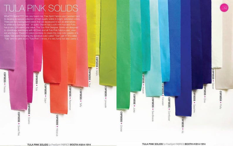 May include: A collection of fabric swatches in various shades of pink, orange, yellow, green, blue, and white. The fabric swatches are labeled with the color name and a code. The text "Tula Pink Solids" is at the top of the image.