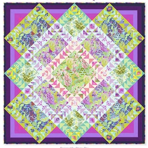 May include: A vibrant quilt with a marine theme. The design incorporates coral, seahorses, and other sea creatures in shades of green, pink, and purple. The quilt's central square and diamond shapes are framed by a dark purple border, creating a striking visual effect.