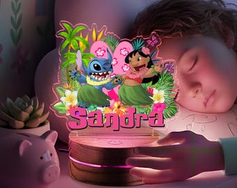 Personalized Lilo and Stitch Night Light, LED Acrylic Tropical Cute Room Decor