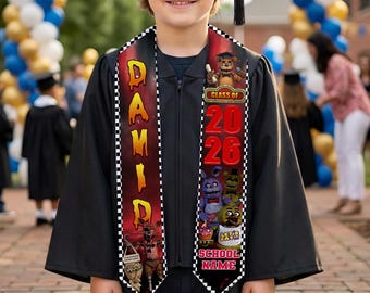 Personalized Freddy Graduation Stole, Custom Name Kids Class of 2026 Kindergarten Sash