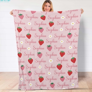 Personalized Baby Blankets Strawberry, Personalized Strawberry Shortcake Blanket, Hot Pink Personalized Blanket