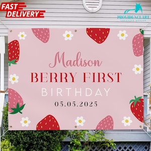 Berry First Birthday Banner Berry Sweet One Birthday Decorations Strawberry Birthday Banner Gift for First Birthday