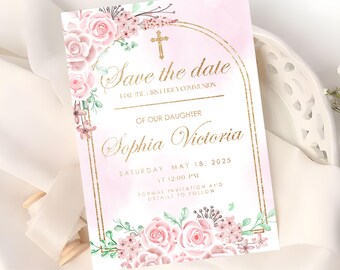 Editable Blush Pink Floral First HOLY COMMUNION Invitation Template ...