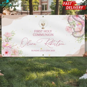 First Holy Communion Backdrop Pink Rosary with Name First Holy Communion Felt Banner Kit