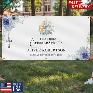 First Holy Communion Backdrop, Communion Banner for Boys, Blue and White Favor Banner with Name