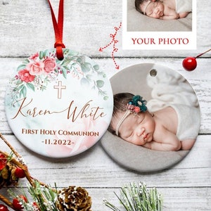 Personalized God Bless Christening Ornament, Custom Girls Custom Baptism Ornament,  Pink Peach Floral Christened Ornament Keepsake