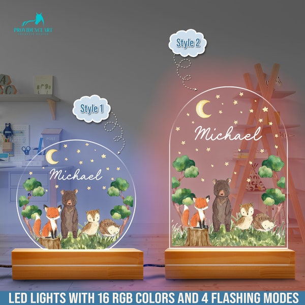 Personalized Name Woodland Animals Baby Shower Night Light, Forest LED Light 1st Birthday Gift for Kids