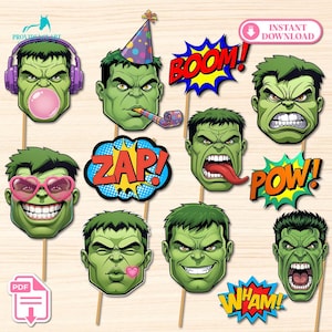 Hulk Photo Props, Superhero Birthday Printable Mask Kit, Digital Party Decor