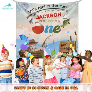 The Big One Fishing Verjaardagsfeestje achtergrond, vissen 1e verjaardag cadeau-ideeën voor jongen, Reel In The Fun verjaardagsbanner