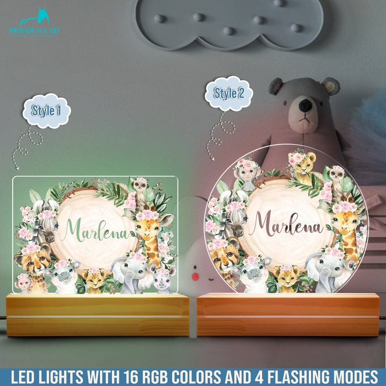Personalized Safari Baby Shower Night Light for Kids, Customized Name Cute Animal Night Light Birthday Gift for Girls image 1