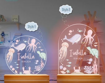 Personalized Under The Sea Baby Shower Watercolor Night Light, The Ocean Led Light Birthday Gift for The Baby Girl