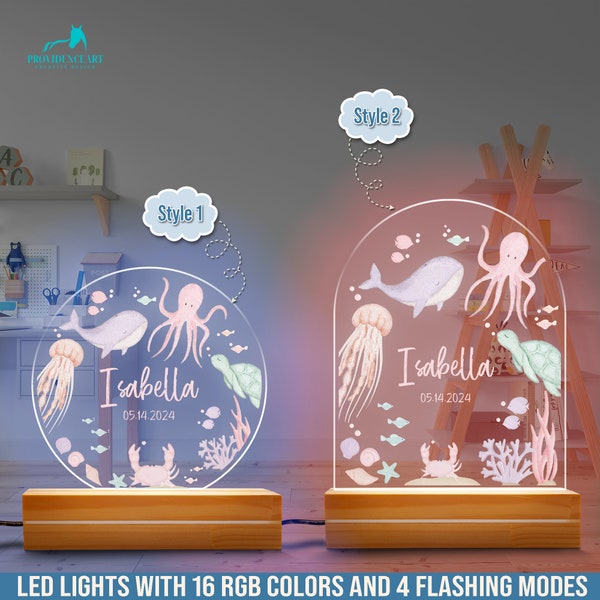 Veilleuse aquarelle personnalisée sous la mer pour baby shower, cadeau d'anniversaire lumière LED océan pour petite fille