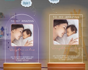 Personalized First Mothers Day Gift for Daughter In Law Night Light, Mom and Baby Custom Photo Led Light Gift for Pregnant Daughter