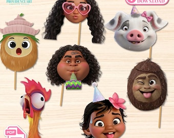 Accesorios fotográficos de Moana para fiesta de cumpleaños, recortes de caras de personajes imprimibles, descarga digital