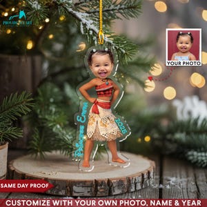 Custom Photo Moana Princess Ornament, Personalized Kids Christmas Tree Keepsake Gifts, Disney Christmas Acrylic Ornament for Girls