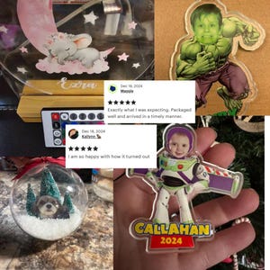 Peut inclure: Plusieurs cadeaux personnalis&eacute;s sont pr&eacute;sent&eacute;s, dont une veilleuse avec un &eacute;l&eacute;phant endormi, un ornement photo sur le th&egrave;me de Hulk, un ornement Buzz l'&Eacute;clair avec le nom "Callahan" et l'ann&eacute;e 2024, et une boule &agrave; neige avec un chien.