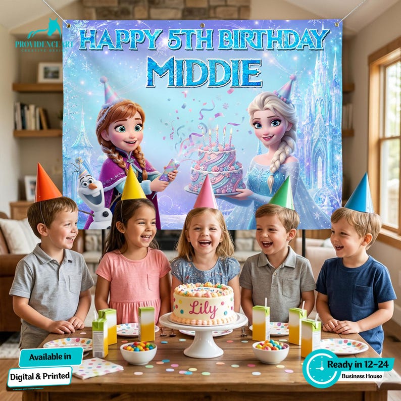 Peut inclure: Sc&egrave;ne de f&ecirc;te d'anniversaire avec une banni&egrave;re indiquant "HAPPY 5TH BIRTHDAY MIDDIE". La banni&egrave;re pr&eacute;sente des personnages anim&eacute;s et un g&acirc;teau. Des enfants sont rassembl&eacute;s autour d'une table avec un g&acirc;teau sur lequel on peut lire "Lily".