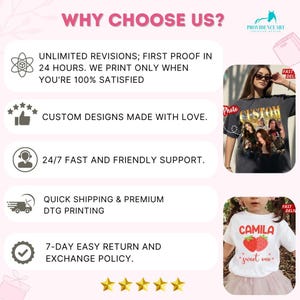 May include: Promotional graphic with text "WHY CHOOSE US?" and icons. Includes text about revisions, printing, custom designs, support, shipping, and returns. Features a photo t-shirt with "CUSTOM" and a photo, and a child's shirt with "CAMILA" and strawberries.
