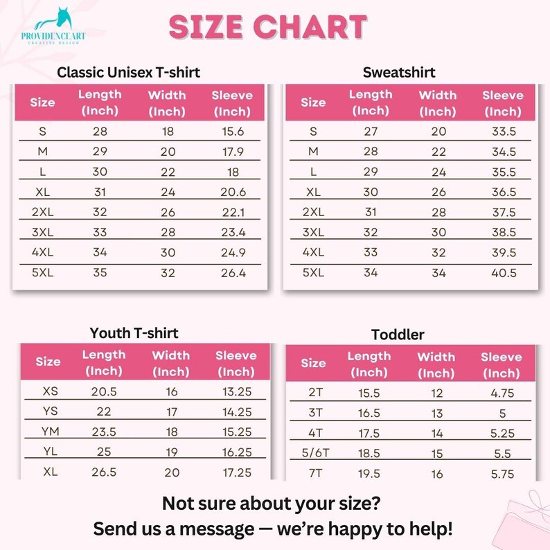 May include: Size chart for unisex t-shirts, sweatshirts, youth t-shirts, and toddler t-shirts. The chart shows the length, width, and sleeve measurements in inches for each size.