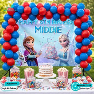 Peut inclure: D&eacute;coration de f&ecirc;te d'anniversaire avec une arche de ballons rouges et bleus. Une banni&egrave;re affiche "Happy 5th Birthday Middie". La table est garnie d'un g&acirc;teau, de cupcakes, de pop-corn et de bonbons. La banni&egrave;re pr&eacute;sente des personnages de dessins anim&eacute;s.