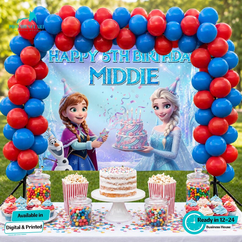 Peut inclure: D&eacute;coration de f&ecirc;te d'anniversaire avec une arche de ballons rouges et bleus. Une banni&egrave;re affiche "Happy 5th Birthday Middie". La table est garnie d'un g&acirc;teau, de cupcakes, de pop-corn et de bonbons. La banni&egrave;re pr&eacute;sente des personnages de dessins anim&eacute;s.