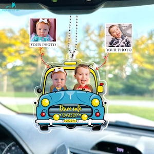 Gepersonaliseerde grappig autoornament voor 2 kinderen, aangepast rijden veilig papa acryl hangend cadeau voor echtgenoot, cadeau-ideeën vaderdag