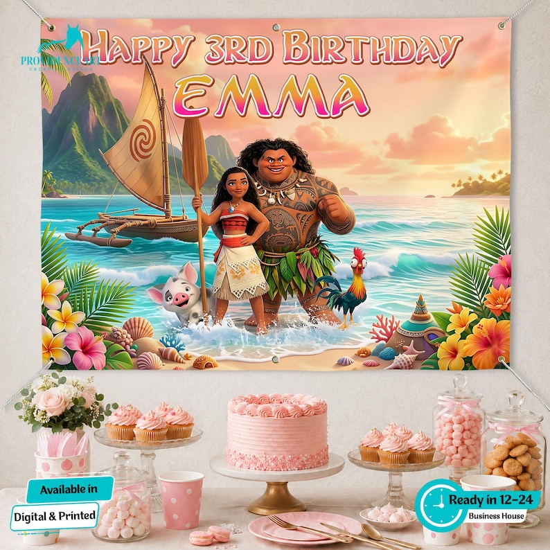 以下が含まれることがあります： 「HAPPY 3RD BIRTHDAY EMMA」の文字と、人気アニメのキャラクターのイラストが描かれたカラフルなバナー。誕生日パーティー用に、ピンクのケーキ、カップケーキ、お菓子がテーブルに並べられています。