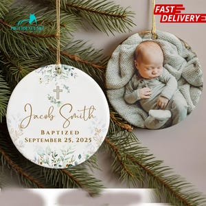 Personalized Baptism Ornament, Custom Photo Christening Gift for Baby Shower, Godparents Ornament Baptism Gift