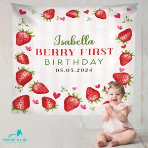 Custom Berry Sweet Baby Shower First Birthday Tapestry Backdrop, Strawberry Birthday Banner, Gift for Berry First Birthday Baby Girls