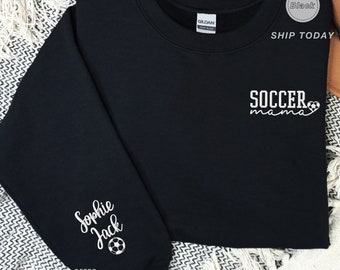 Personalized Soccer Mama Embroidered Sweatshirt with Baby Names, Custom Mother Day Gift Idea for Mom, Customized Kid Name on Sleeve