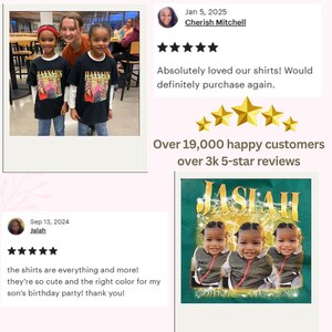 May include: Two children wearing black t-shirts with a colorful graphic print and the text "HANNAH" on the front. The shirts are being worn by two children in a school setting. The image includes customer reviews with five stars and positive feedback.