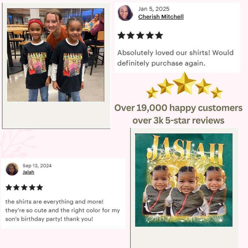 May include: Two children wearing black t-shirts with a colorful graphic print and the text "HANNAH" on the front. The shirts are being worn by two children in a school setting. The image includes customer reviews with five stars and positive feedback.