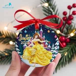 Enfeite personalizado de princesa Bela, decoração de árvore de Natal com nome personalizado da Bela e a Fera, presente de lembrança de Natal para menina